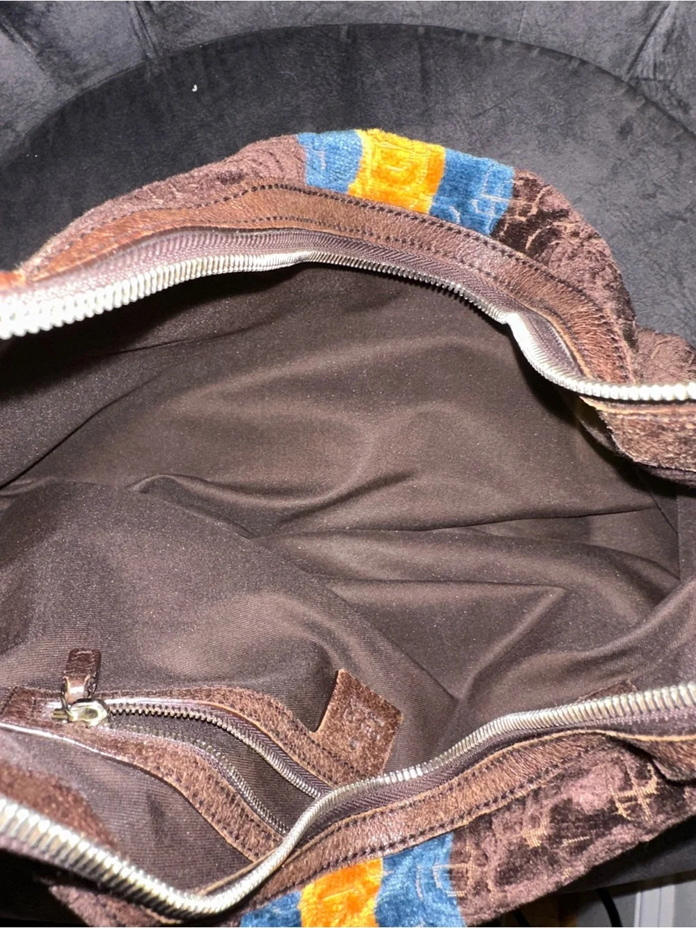 Gucci Brown Velvet Hobo with Blue and Gold Center Stripes